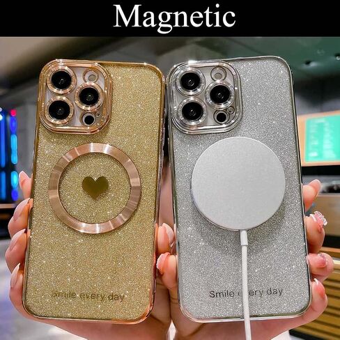 for iPhone 14 Pro Max Case Magnetic Glitter Compatible with MagSafe, Bling Love Heart Clear Phone Case, Camera Protection Sparkly Plating Slim Soft Back Cover for Women - Pink in Saudi Arabia