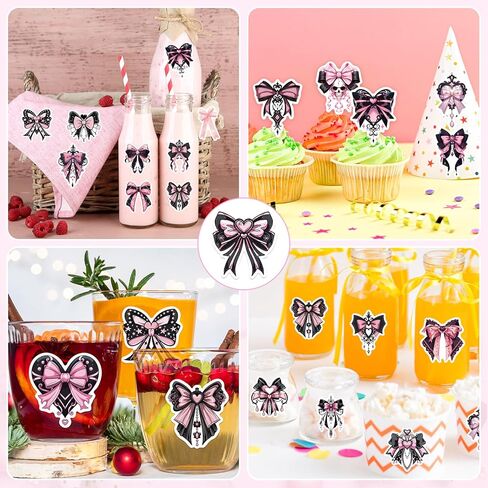 100 قطعة من ملصقات القوس باللونين الأسود والوردي، ملصقات على شكل فيونكة لطيفة باللونين الوردي والأسود، ملصقات جمالية لديكور حفلات أعياد الميلاد باللون الأسود والوردي، مناسبة لإمداد زجاجات المياه بديكور القصاصات، للنساء in Kuwait