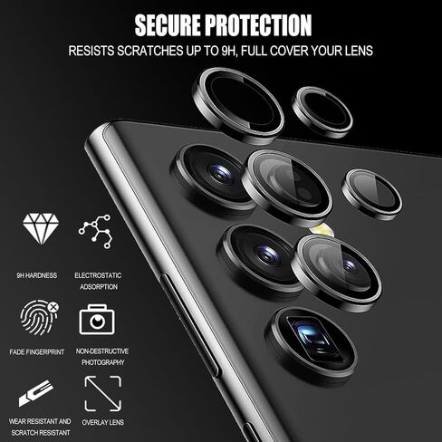 Compatible with Samsung Galaxy S23 Ultra Camera Lens Protector, 9H Tempered Glass Camera Cover Film Metal Individual Ring [Easy Installation][Case Friendly][Scratch Resistant] Black in Saudi Arabia
