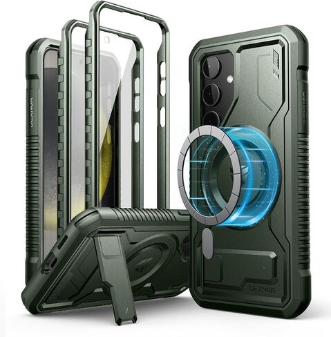 Dexnor Magnetic Case for Samsung Galaxy S24 Case with Kickstand & 2 Front Frames, Built-in Screen Protector, Compatible with Magsafe, Rugged Shockproof Full-body Protective Cover for Galaxy S24, Black in Kuwait