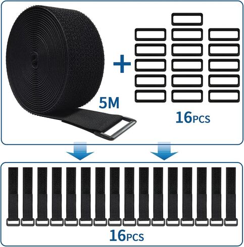 16Ft x 1In Adjustable Cable Straps with 25 Buckles and 1 scissors, Black nylon Fastening Cable Ties for Securing, Reusable Hook and Loop Straps for Storage, Cord Organiser (BLACK, 1in x 16ft) in Saudi Arabia