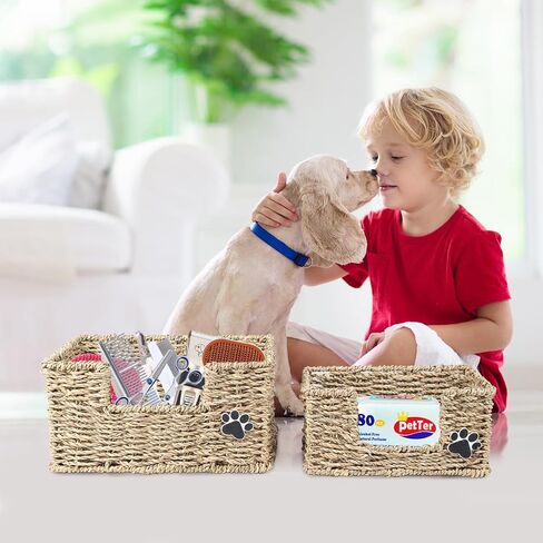 2pack الكلب تخزين المنظم الخوص الكلب لعبة سلة الكلب الاشياء المنظم الكلب لعبة بن، صندوق تخزين الأعشاب البحرية مثالية لمقود الكلب / اللعب / يعامل / لوازم الاستمالة in Kuwait