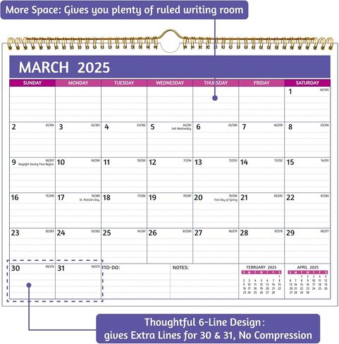 2025 Wall Calendar - 3 Month Calendar 2025 Vertical, Jan 2025 - Dec 2025, 3 Month Wall Calendar 2025, 11 x 26 In Open, 2025 Calendar with Large Print, Holidays, Thick Paper, Priorities ＆ Notes, Purple in Kuwait