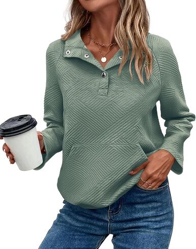KIRUNDO Womens Sweatshirt Casual Textured Long Sleeve Henley Button V Neck Loose Pullover 2024 Trendy Fall Outfits Tops in Kuwait