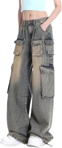 Cargo Pants with Pockets Men Women Baggy Jeans Y2k Wide Leg Grunge Loose Jeans Clothes Streetwear Black in Kuwait