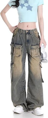Cargo Pants with Pockets Men Women Baggy Jeans Y2k Wide Leg Grunge Loose Jeans Clothes Streetwear Black in Kuwait