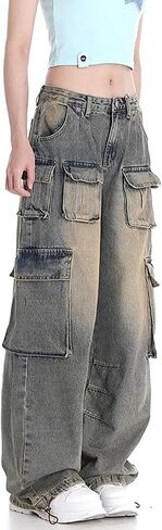 Cargo Pants with Pockets Men Women Baggy Jeans Y2k Wide Leg Grunge Loose Jeans Clothes Streetwear Black in Kuwait