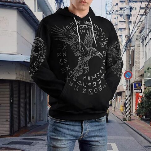 ENLACHIC Men's Viking Totem Hoodie 3D Digital Print Long Sleeve Pullover Sweatshirt Hoodies in Kuwait