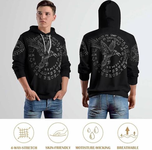 ENLACHIC Men's Viking Totem Hoodie 3D Digital Print Long Sleeve Pullover Sweatshirt Hoodies in Kuwait