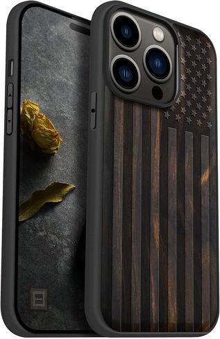 حافظة خشبية مغناطيسية من Carveit لهاتف iPhone 14 Pro [خشب طبيعي ومادة TPU سوداء ناعمة] غطاء واقٍ مقاوم للصدمات، حافظة خشبية فريدة وأنيقة متوافقة مع magsafe (العلم الأمريكي - خشب أسود) in Saudi Arabia