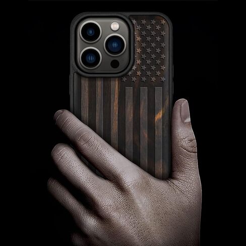 حافظة خشبية مغناطيسية من Carveit لهاتف iPhone 14 Pro [خشب طبيعي ومادة TPU سوداء ناعمة] غطاء واقٍ مقاوم للصدمات، حافظة خشبية فريدة وأنيقة متوافقة مع magsafe (العلم الأمريكي - خشب أسود) in Saudi Arabia