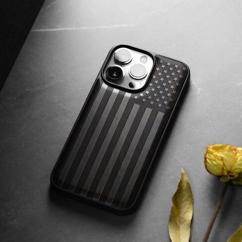 حافظة خشبية مغناطيسية من Carveit لهاتف iPhone 14 Pro [خشب طبيعي ومادة TPU سوداء ناعمة] غطاء واقٍ مقاوم للصدمات، حافظة خشبية فريدة وأنيقة متوافقة مع magsafe (العلم الأمريكي - خشب أسود) in Saudi Arabia