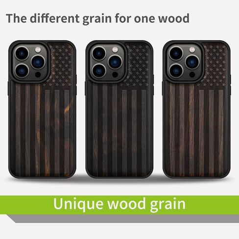 حافظة خشبية مغناطيسية من Carveit لهاتف iPhone 14 Pro [خشب طبيعي ومادة TPU سوداء ناعمة] غطاء واقٍ مقاوم للصدمات، حافظة خشبية فريدة وأنيقة متوافقة مع magsafe (العلم الأمريكي - خشب أسود) in Saudi Arabia