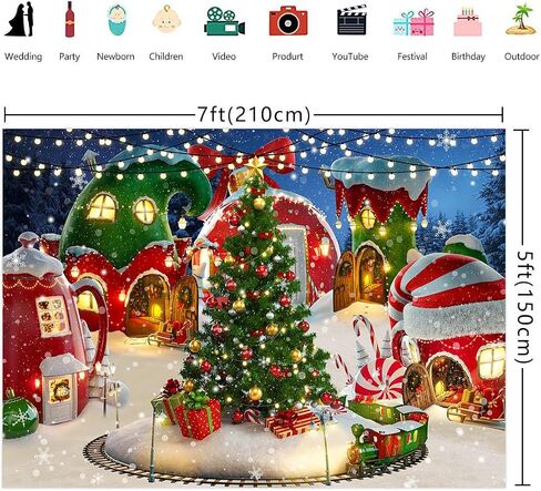Merry Christmas Photography Backdrop Cartoon Fairy Tale Village Xmas Fabric Background 7x5ft Xmas Tree Winter Snow New Year Banner Kid Christmas Eve Party Photo Decor Supplies in Saudi Arabia