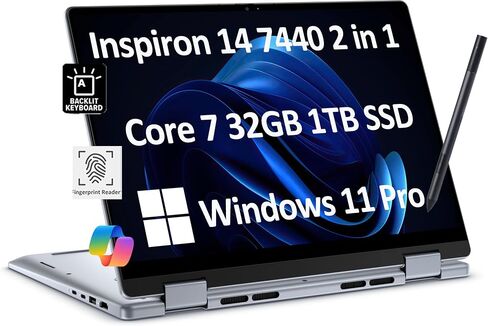 كمبيوتر محمول Dell Inspiron 14 7440 2 في 1 للأعمال (14 بوصة FHD+ شاشة لمس، Intel Core 7 150U(> i7-1355U)، ذاكرة الوصول العشوائي 16 جيجابايت، 1 تيرابايت SSD) لوحة مفاتيح بإضاءة خلفية، قارئ FP، كاميرا ويب FHD، قلم IST النشط، Win 11 Pro مع مساعد الطيار AI، أ in Saudi Arabia