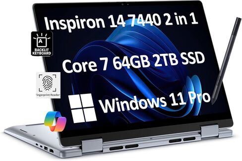 كمبيوتر محمول Dell Inspiron 14 7440 2 في 1 للأعمال (14 بوصة FHD+ شاشة لمس، Intel Core 7 150U(> i7-1355U)، ذاكرة الوصول العشوائي 16 جيجابايت، 1 تيرابايت SSD) لوحة مفاتيح بإضاءة خلفية، قارئ FP، كاميرا ويب FHD، قلم IST النشط، Win 11 Pro مع مساعد الطيار AI، أ in Saudi Arabia