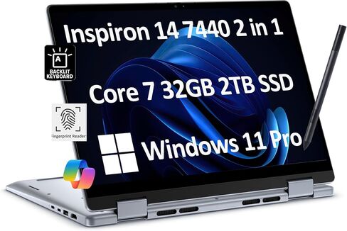 كمبيوتر محمول Dell Inspiron 14 7440 2 في 1 للأعمال (14 بوصة FHD+ شاشة لمس، Intel Core 7 150U(> i7-1355U)، ذاكرة الوصول العشوائي 16 جيجابايت، 1 تيرابايت SSD) لوحة مفاتيح بإضاءة خلفية، قارئ FP، كاميرا ويب FHD، قلم IST النشط، Win 11 Pro مع مساعد الطيار AI، أ in Saudi Arabia