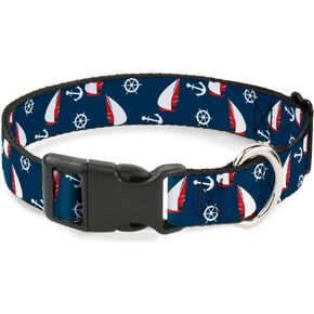 Buckle-Down Dog Collar Plastic Clip Sailboat Anchor Helm Scattered Navy White Red 15 to 26 Inches 1.0 Inch Wide