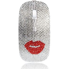 Bling Wireless Mouse for Girls, Austrian Crystal Rhinestone Coverd Computer Mouse with USB Receiver, Sparkly Red Lips Flat Mice for Notebook, PC, Laptop, MacBook