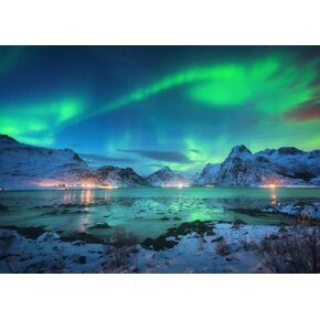 BELECO 7x5ft Fabric Aurora Borealis Backdrop Arctic Snow-Capped Mountains Lake Scenery Northern Lights Norway Winter Landscape Polar Lights Background Wallpaper Home Decor Photo Booth Studio Props