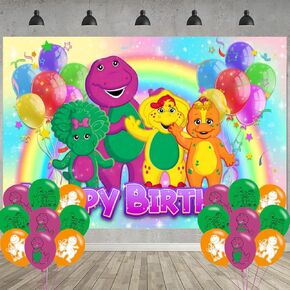 𝓑𝓪𝓻𝓷𝓮𝔂 Birthday Party Decoration,Friends Party Photo Background 5 x 3 FT and 18 Pcs Balloon,𝓑𝓪𝓻𝓷𝓮𝔂 Merch Party Backdrop Supplies