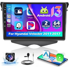 Car Stereo for Hyundai Veloster 2011-2017 with Wireless Apple Carplay Android Auto, 2+64G Android 13 9 Inch Touch Screen Car Radio GPS WiFi BT FM RDS Radio SWC EQ Mirror Link Backup Camera