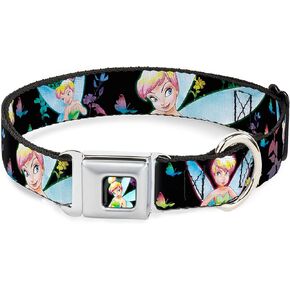 Disney Pet Collar, Dog Collar Metal Seatbelt Buckle, Glowing Tinker Bell Butterflies Flowers Black Multi Neon, 16 to 23 Inches 1.5 Inch Wide