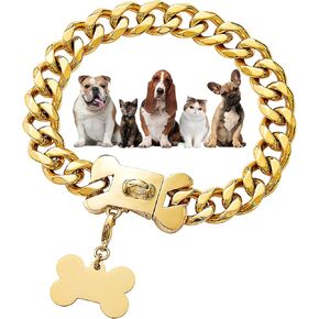 Gold Chain Dog Collar 19mm 18K Gold Cuban Link Dog Collar with Secure Snap Buckle Gold Dog Chain Metal Collar for Small Medium Pitbull (19MM, 20")
