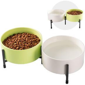 AOMRYOM 32 OZ Dog Bowls with Elevated Metal Stand, 6 Inch Ceramic Cat Bowl Dish for Food and Water, Pet Feeder Bowls for Cats & Dogs - Set of 2, Blue-Grey