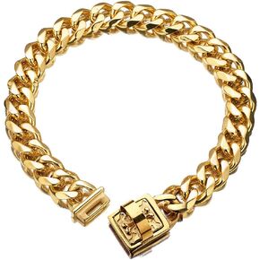 19 mm Dog Collar 18K Gold Heavy Duty Stainless Steel Dog Luxury Training Collar Cuban Link with Durable Clasp Necklace Chain (Gold, 20inch(for 17.6"~19.5" Neck))