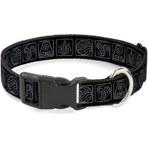 Dog Collar Plastic Clip Avatar The Last Airbender Bending Elements Icons Black Gray 15 to 24 Inches 1.0 Inch Wide