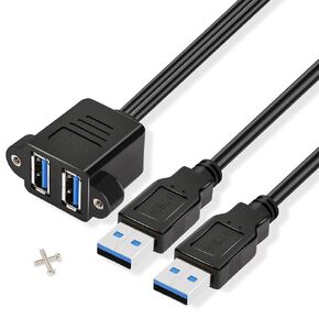 GINTOOYUN Dual USB 3.0 Cable with Panel Mount Screw Hole, 2 Ports USB 3.0 Male to Female Extension Cable, Suitable for Family, Classroom, Office, Conference, Entertainment and More Occasions (0.3m)
