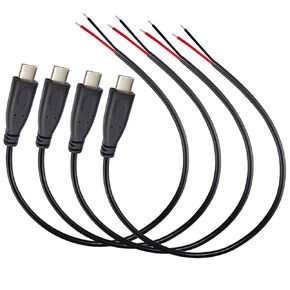USB C Pigtail 2 Core Cable, 4-Pack USB 2.0 Male Plug 2pin Wire DIY Pigtail Cable 5V 3A 22AWG USB C Power Cable Black (9.8Inch/25cm)