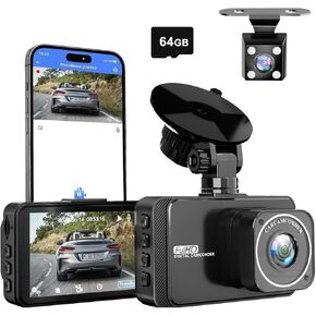 Dash Cam Front and Rear,2K Dash Camera for Cars,WiFi App View Playback+Equipped with 64GB SD Card,Car Camera F2.5 Super Aperture Night Vision,G-Sensor,24-Hour Parking Monitoring.