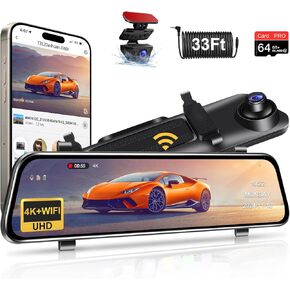 WiFi Rear View Mirror Camera 12" 4K Mirror Dash Cam Front and Rear with WDR Night Vision, 64GB Card, G-Sensor, Loop Recording, 2160P Digital Rearview Mirror Dash Cam for Cars Trucks