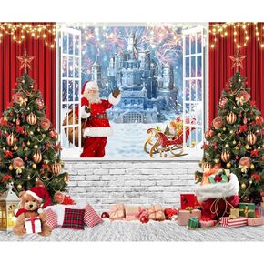 Christmas Backdrop Ice Castle Backdrop Santa Claus Window Red Curtains Xmas Trees Party Supplies Decorations Fireworks Snow Photography Background 10x8ft(300x240cm) Large Banner Photo Studio Props