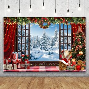 Leowefowa 10x8ft Merry Christmas Window Backdrop Winter Forest Snow Scenery Red Background Christmas Party Santa Claus Xmas Party New Year Festival Family Decor Party Banner Photo Supplies Prop