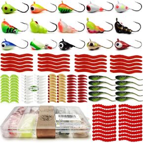 Tungsten Ice Fishing Jigs Ice Fishing Lures Soft Worm Baits Kit, Glow Winter Tungsten Ice Jig Heads Hooks for Walleye Crappie Panfish Trout, Ice Fishing Gear Equipment Tackle Accessories