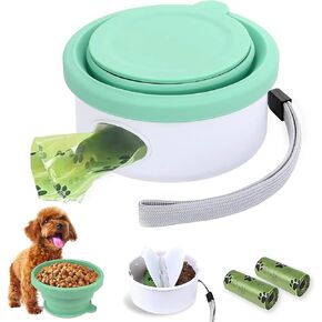 Travel Dog Bowls 3 in 1: Collapsible Silicone Bowl + 2 Compartment Bowl + Poop Bags, Multifunctional Food Water Bowl for Walking Traveling Hiking Camping with Dogs (Green)