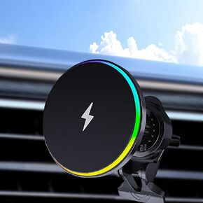 Car Mount Charger for Magsafe, 15W Magnetic Wireless Fast Charger for Car Air Vent, Hands Free Car Phone Holder with Colorful Light, for iPhone 15/14/13/12 Series, Black
