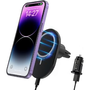 JoyGeek Magnetic Wireless Car Charger, Compatible with Mag-Safe Car Mount Charger for iPhone 14/13/12 Series, Car Air Vent Phone Holder Mount with 18W Car Charger (Ink Black)