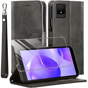 for TCL K11 Case and Tempered Glass Screen Protector, PU Leather Flip Cover Wallet Phone Case Protector [Full Protection] [Card Slots] [Kickstand] for TCL K11, Black