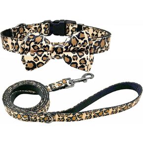 Bowtie Dog Collar and Leash Set, Nylon Webbing with Leopard Ribbon, 5ft Matching Leash, for Medium Dogs.(M, Leopard)
