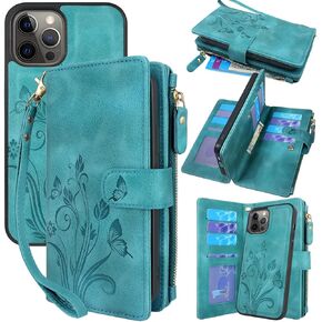 Lacass متوافق مع حافظة iPhone 12 Pro Max [12 فتحة للبطاقات] حامل للنقود وبطاقة الهوية وجيب بسحاب وجيب مغناطيسي قابل للفصل وغطاء محفظة جلدية وحزام معصم وحقيبة حمل (زهري أزرق أخضر) in Kuwait