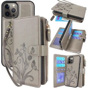 Lacass Compatible with iPhone 12 Pro Max Case[12 Card Slot] ID Credit Cash Holder Zipper Pocket Detachable Magnet Leather Wallet Cover Wrist Strap Lanyard Carrying Pouch (Floral Blue Green)