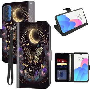 FUYOCWE Case for Motorola Moto Edge 2021/Edge 5G UW Wallet Phone Case with Card Holder Slot,PU Leather Folding Kickstand Magnetic Snap Flip Cover Case w/Wrist Strap-Butterfly Flowers & Gold Moon
