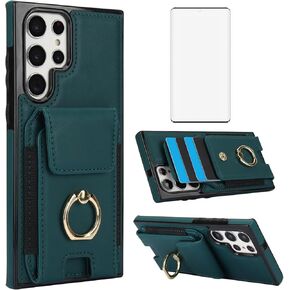 Asuwish Phone Case for Samsung Galaxy S22 Ultra 5G with Tempered Glass Screen Protector Wallet Cover and Slim Ring Card Holder Leather Cell Accessories S22ultra 22S S 22 S22ultra5g 6.8 Women Men Black