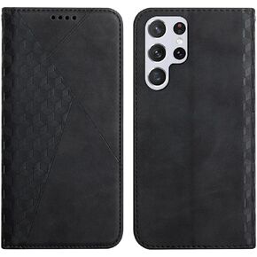 Compatible for Samsung Galaxy S24 Ultra Wallet Case Rhombus Skin Feel Strong Magnetic Leather Case with Card Holders Stand Flip Protective Cover | Black