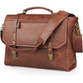 Mens messenger bag 15.6 inch, Waterproof Faux Leather Laptop Briefcase Large Computer Laptop Bag Leather Satchel Bag Retro Shoulder Bag for Office Business Travel College Brown