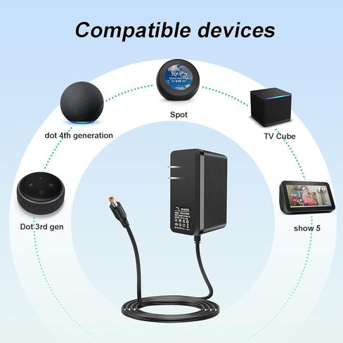 استبدال سلك الطاقة لـ Alexa Echo Dot (الجيل الثالث/الرابع)، Echo Show 5، Echo Spot، Fire TV Cube، Echo Dot Kids Edition 15W كابل شحن الشاحن 6.5 قدم in Kuwait